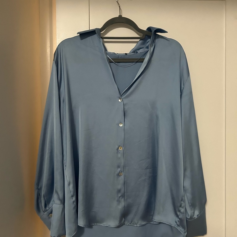 Zara Blue Silk Blouse Size XL